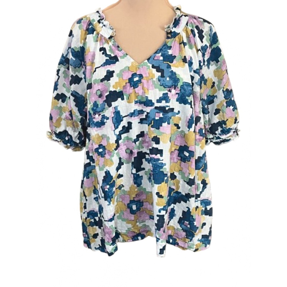 Sonoma Blue White Painted Floral Puff Sleeve Boho Blouse V-Neck Size XL